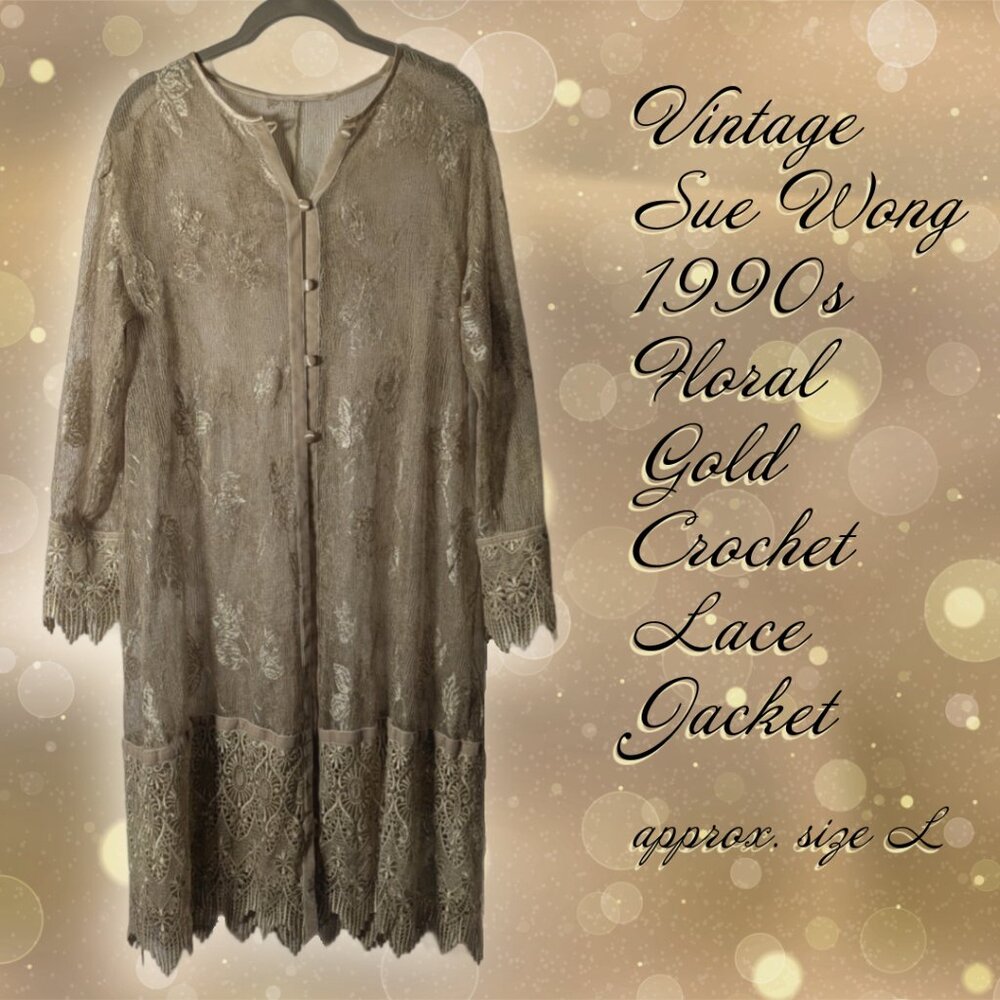 Vintage 90s Sue Wong Nocturne Gold Crochet Lace Jacket, Size L
